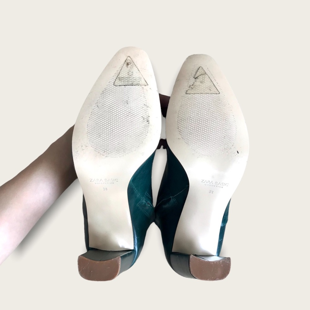 Zara Dark Green Genuine Leather Heeled Retro Minimalist Modern Cute Ankle Bootie - Picture 14 of 16